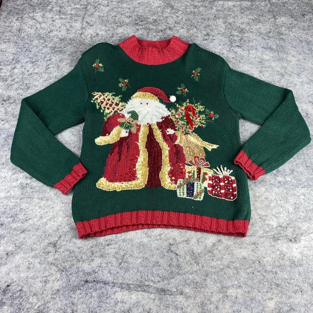 Vintage Tiara International Knit Sweater Womens Small‎ Green Red Christmas Santa